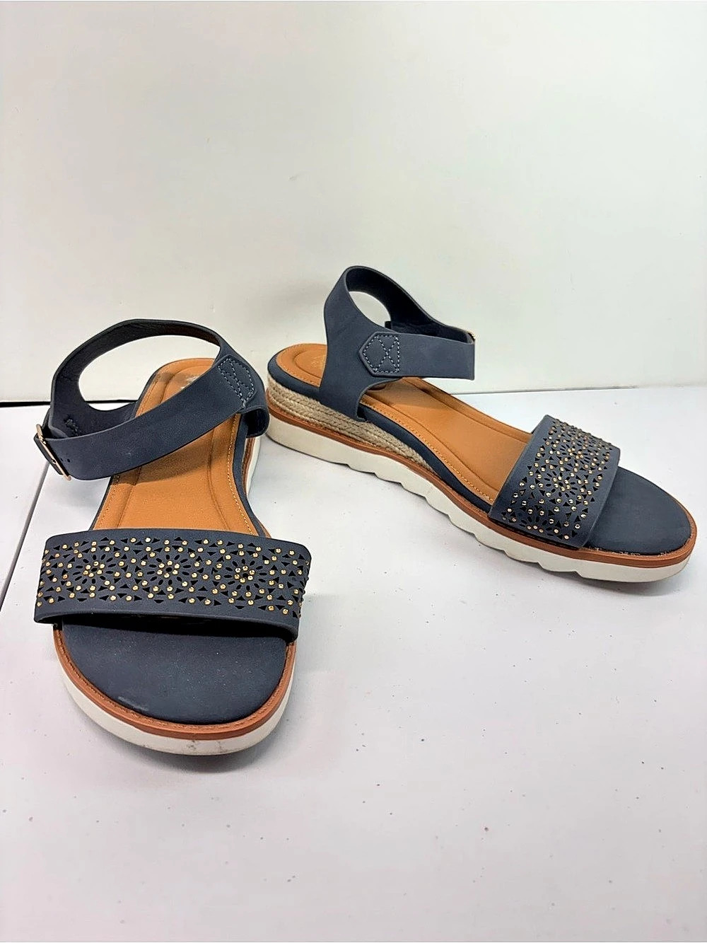 American Exchange Womens Size 10 Blue Gray Rhinestone Ankle Strap Sandals